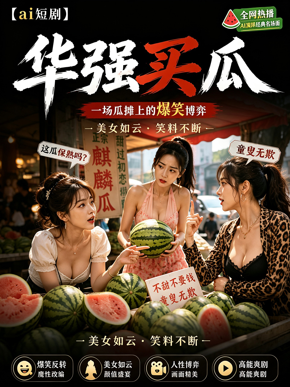 华强买瓜 涩涩版海滩 ai短剧 海滩买瓜情欲 华强缠绵故事