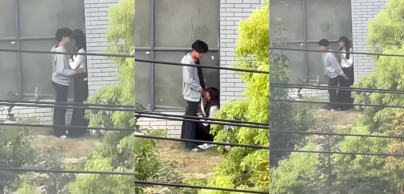抖音疯传蚌埠职教园9月9日一男一女事件 青光白日后门墙角两人吃鸡巴